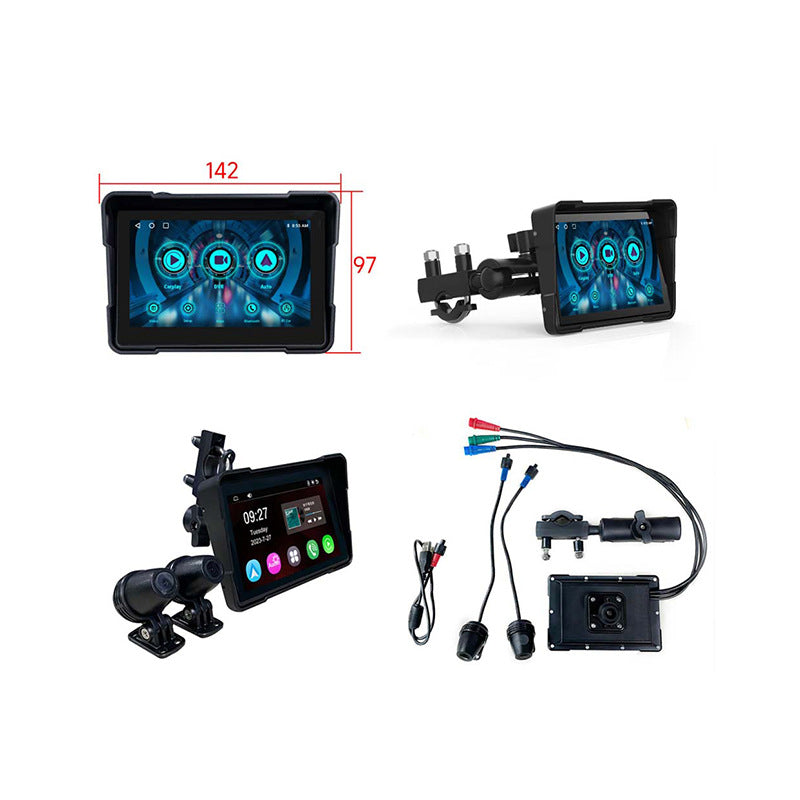 Motorcycle wireless navigation device with 5-inch screen, mounts, and wiring accessories for easy installation.