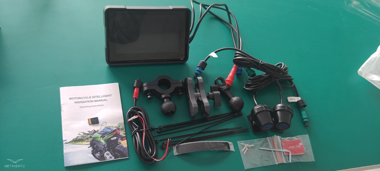 Motorcycle wireless navigation device components, including screen, mounts, cables, and user manual.