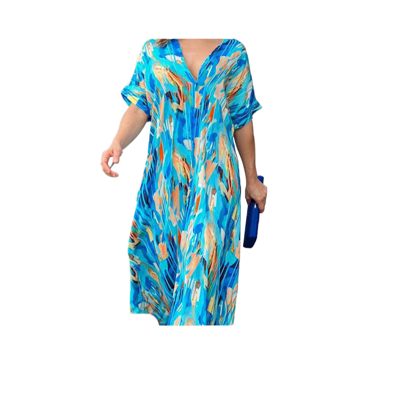 Fashionable printed dress, short-sleeved long dress with feminine charm