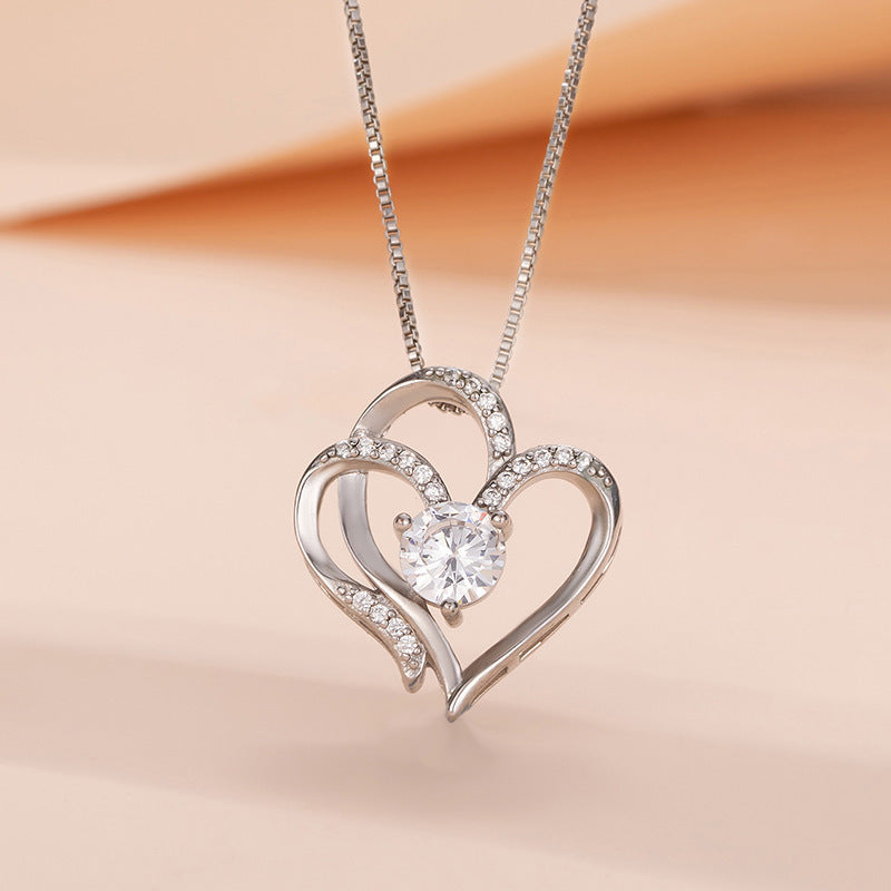 Amazon Explosions S925 Silver Double Love Necklace Women's European and American Fashion Joker Heart-shaped Clavicle Neck Chain