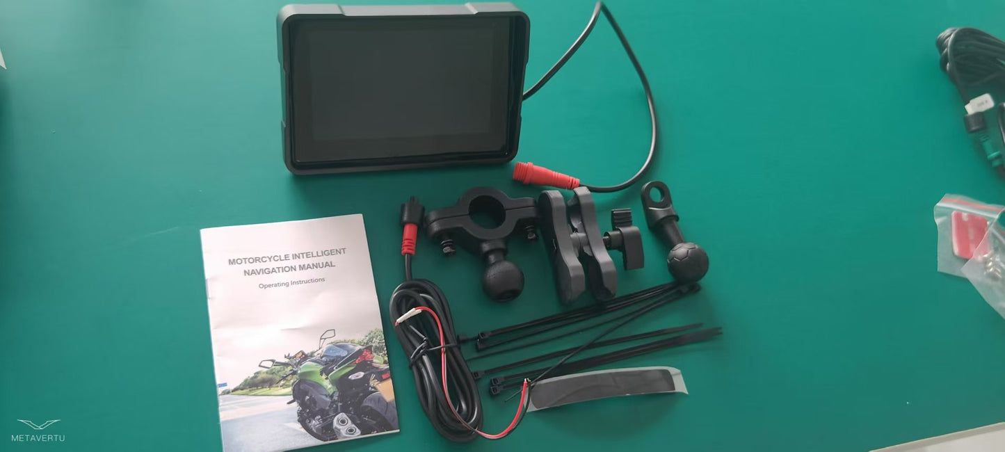 Complete set of a motorcycle wireless navigation device including monitor, mounting kit, and user manual.