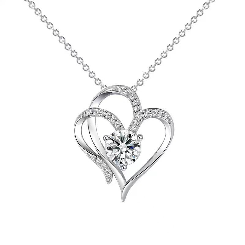 Amazon Explosions S925 Silver Double Love Necklace Women's European and American Fashion Joker Heart-shaped Clavicle Neck Chain