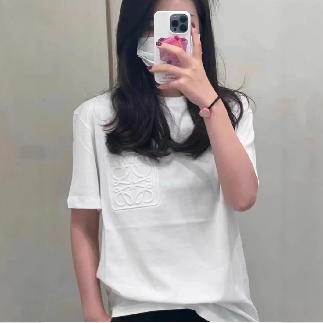 High-Quality Embossed Cotton T-shirt for Men and Women, Casual Crewneck Short Sleeve