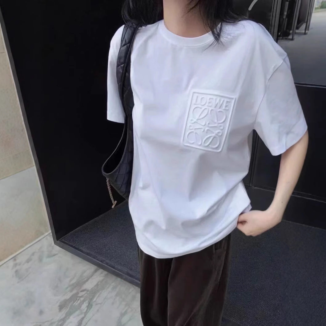High-Quality Embossed Cotton T-shirt for Men and Women, Casual Crewneck Short Sleeve