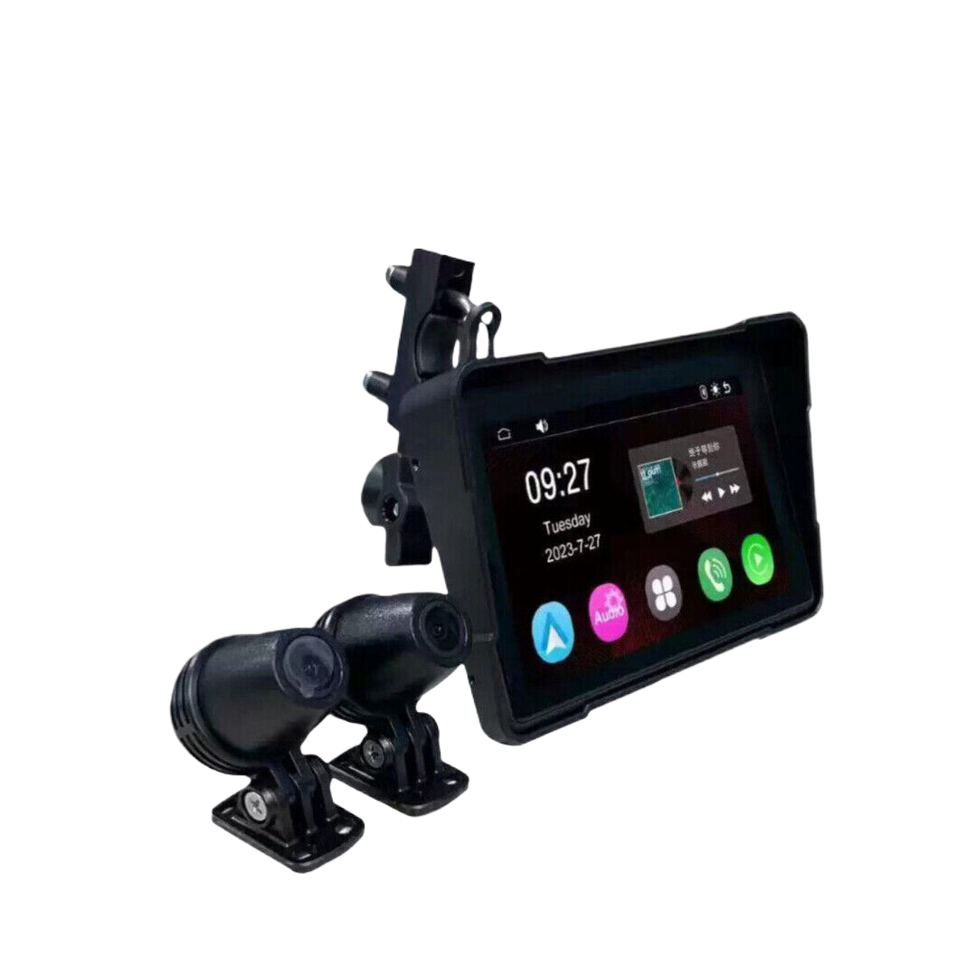 5-inch motorcycle wireless navigation device with mount, featuring touchscreen display and integrated camera.