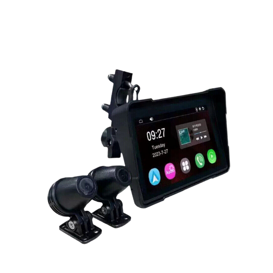 5-inch motorcycle wireless navigation device with mount, featuring touchscreen display and integrated camera.