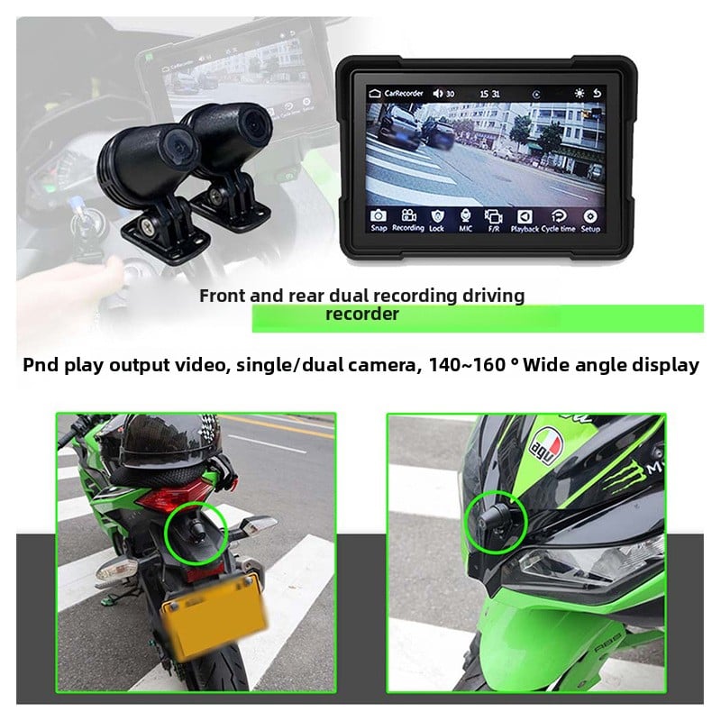 Wireless motorcycle navigation device displaying front and rear dual recording features with wide angle display.