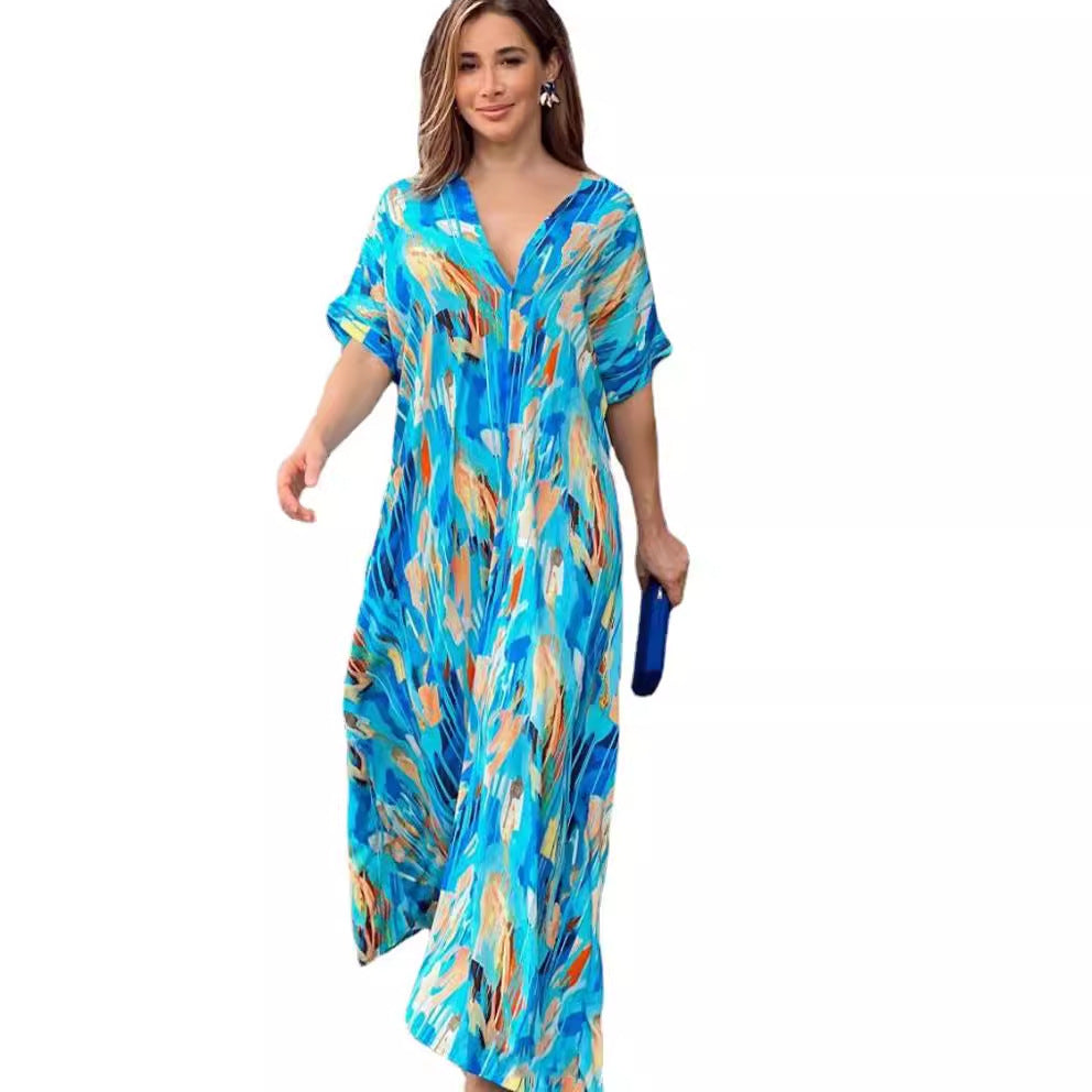 Fashionable printed dress, short-sleeved long dress with feminine charm