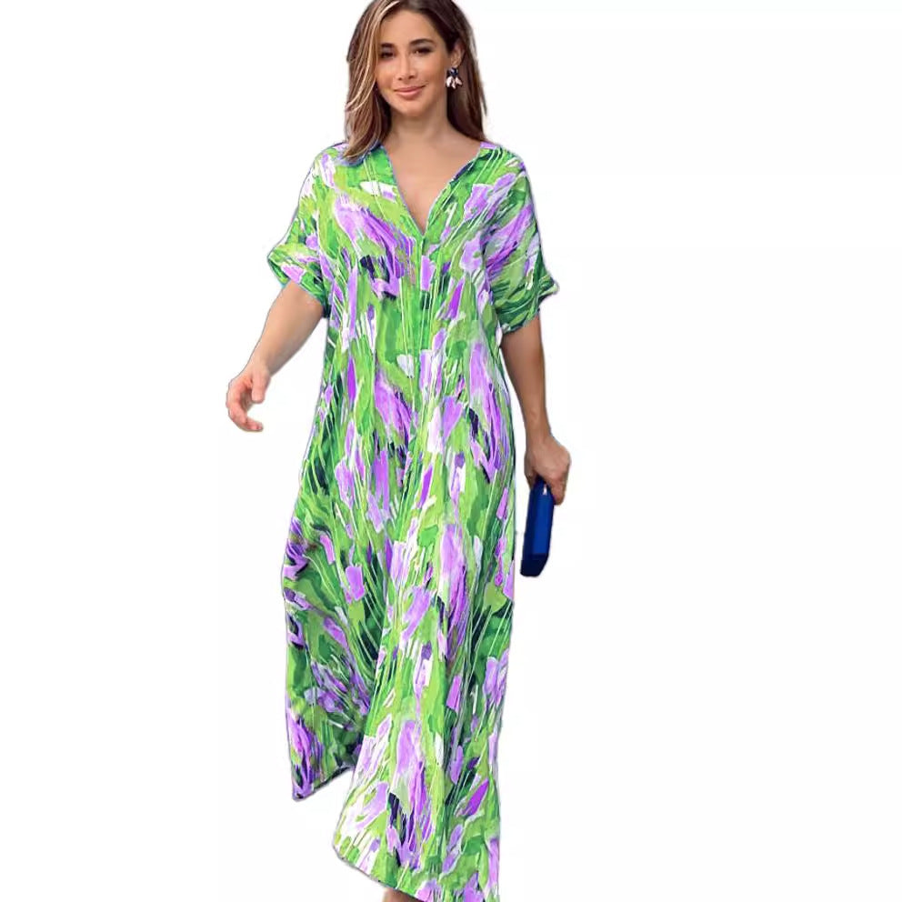 Fashionable printed dress, short-sleeved long dress with feminine charm