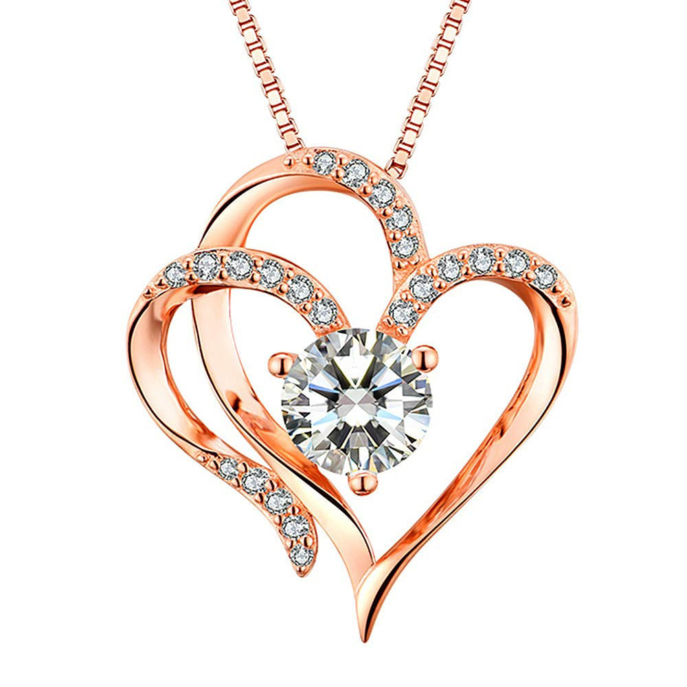 Amazon Explosions S925 Silver Double Love Necklace Women's European and American Fashion Joker Heart-shaped Clavicle Neck Chain