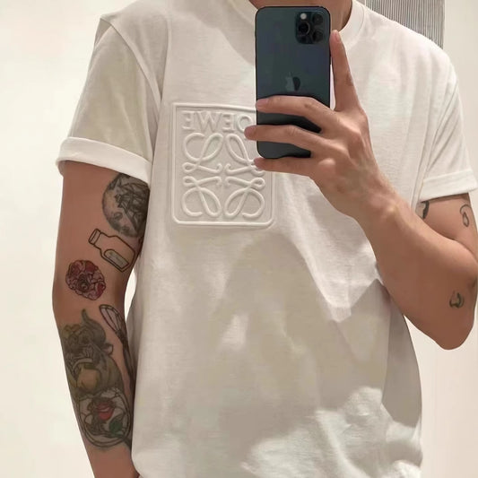 High-Quality Embossed Cotton T-shirt for Men and Women, Casual Crewneck Short Sleeve