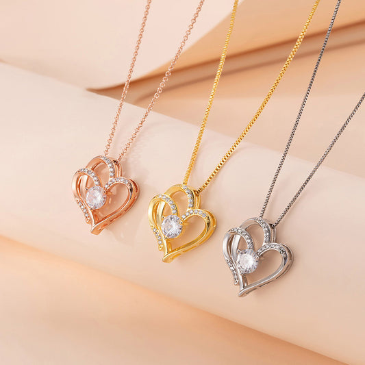 Amazon Explosions S925 Silver Double Love Necklace Women's European and American Fashion Joker Heart-shaped Clavicle Neck Chain
