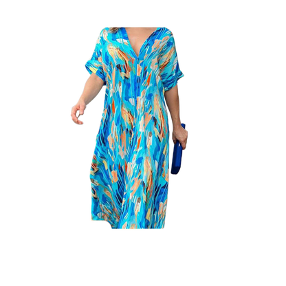 Fashionable printed dress, short-sleeved long dress with feminine charm