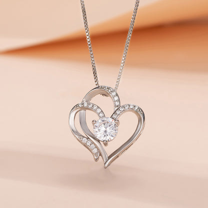 Amazon Explosions S925 Silver Double Love Necklace Women's European and American Fashion Joker Heart-shaped Clavicle Neck Chain