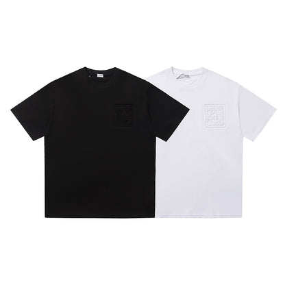 High-Quality Embossed Cotton T-shirt for Men and Women, Casual Crewneck Short Sleeve