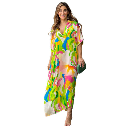 Fashionable printed dress, short-sleeved long dress with feminine charm