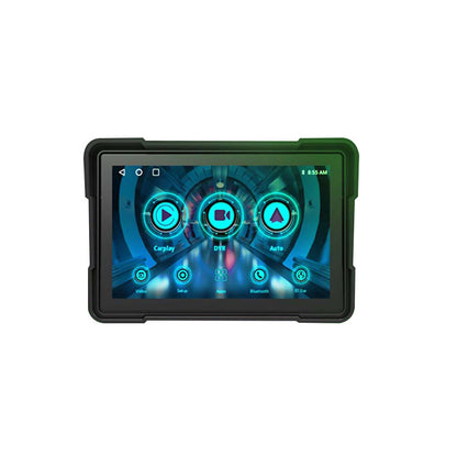 5-inch motorcycle wireless navigation device with touchscreen displaying Carplay, DVR, and Bluetooth features.