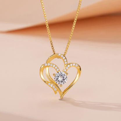 Amazon Explosions S925 Silver Double Love Necklace Women's European and American Fashion Joker Heart-shaped Clavicle Neck Chain